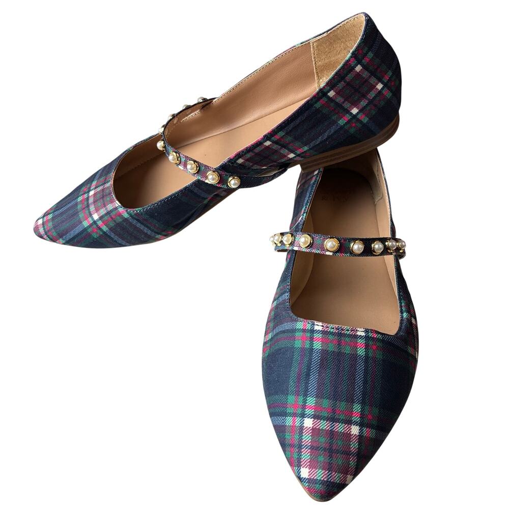Crown & Ivy Jalessa Plaid Flats Women's 7 Pointed Toe Pearl Beaded Strap Preppy